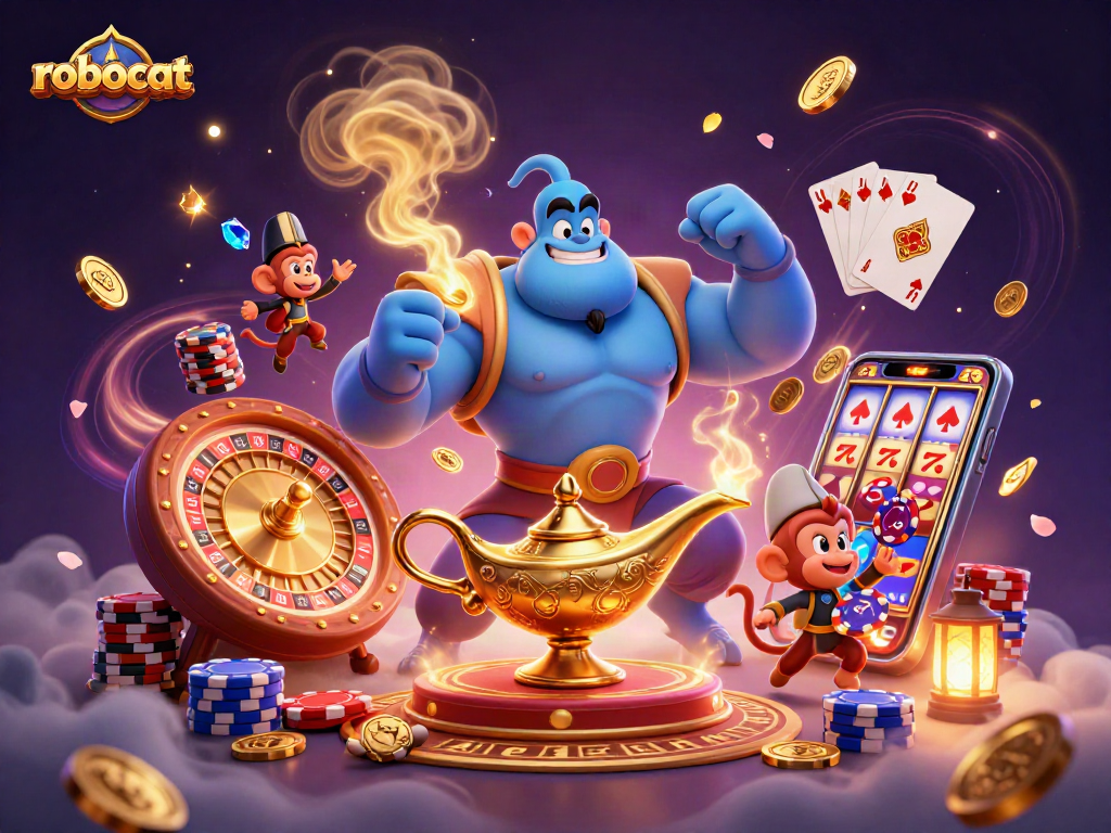 Robocat mesmerizes players with a vibrant casino scene, showcasing poker chips and golden coins.