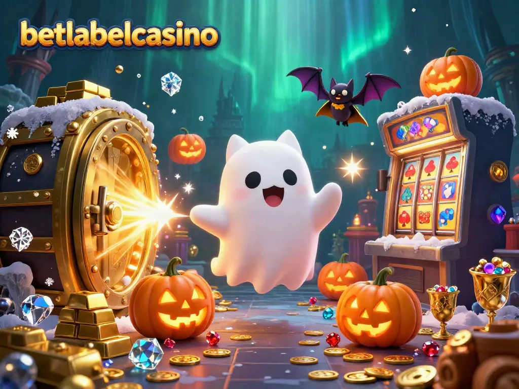 Experience fun gameplay at betlabelcasino with a ghost cat and vampire bat in a vibrant casino scene.