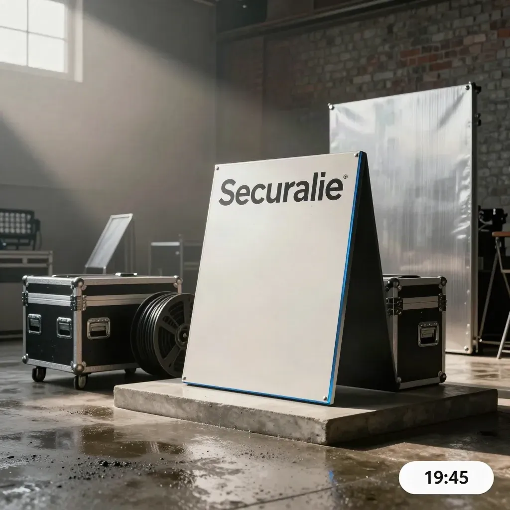 Loft de posproducción con panel brillante, flight cases y luz azul tras la lluvia