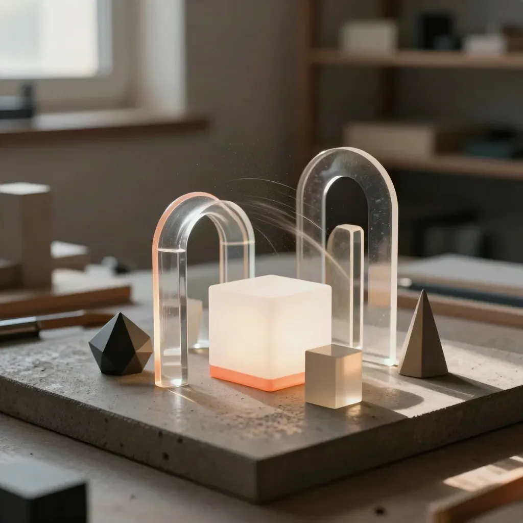 Arcos acrílicos y bloques geométricos con una caja de luz en un set de motion graphics.