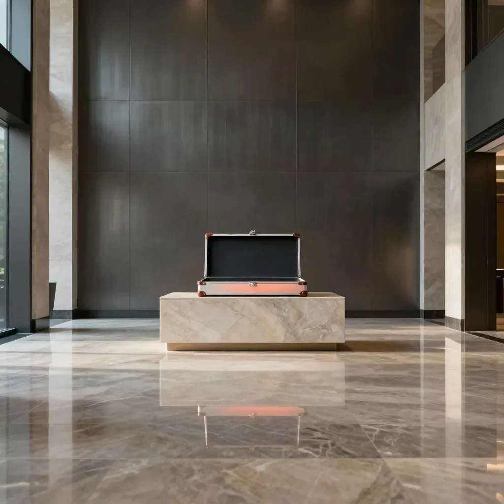 Lobby corporativo premium vacío, con maleta de presentación cerrada sobre pedestal de piedra y luz coral.