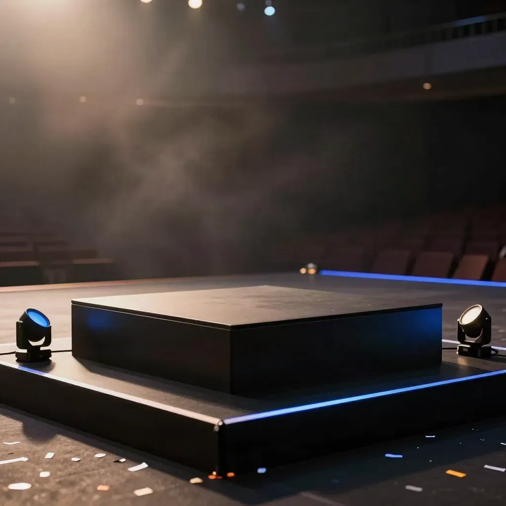 Escenario vacío con atril, luces azules y confeti tras un evento, en ambiente cinematográfico.