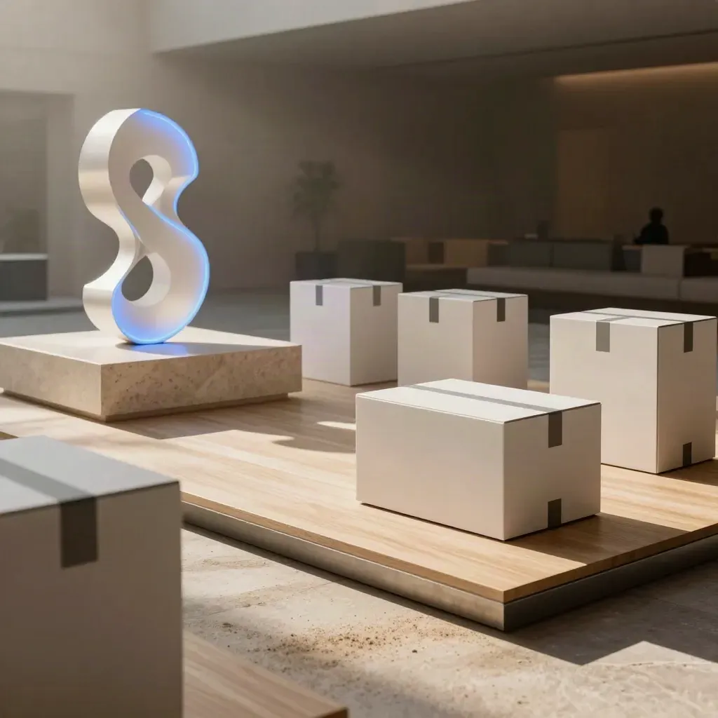 Recepción de lanzamiento SaaS vacía con podio travertino, escultura azul y cajas demo selladas
