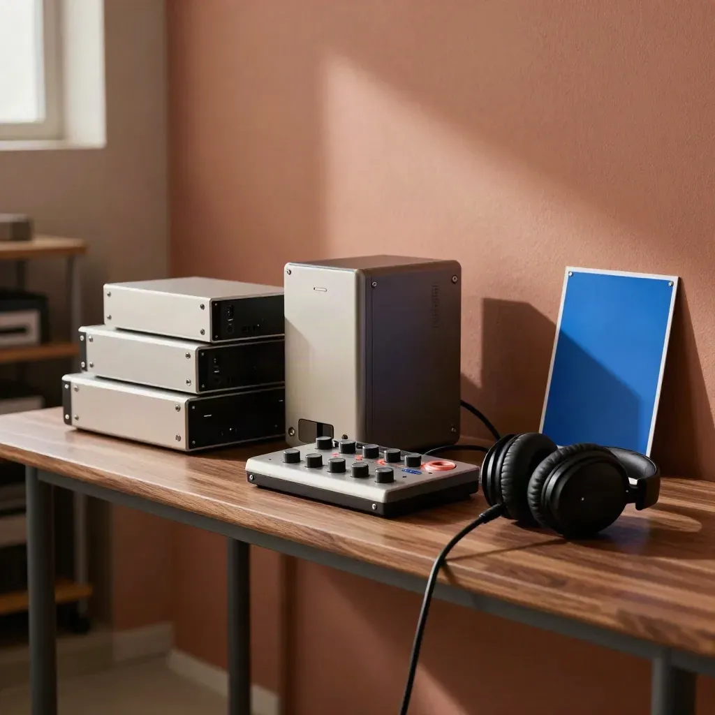 Rincón de corrección de color con discos, diales, auriculares y tarjeta azul en luz cálida.