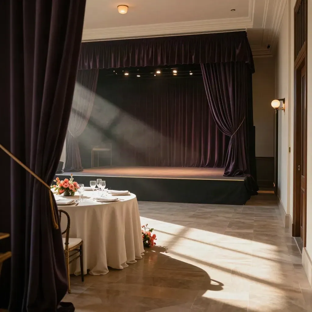 Gala cultural vacía en Valencia con escenario encendido, mesa de servicio y flores coralinas.