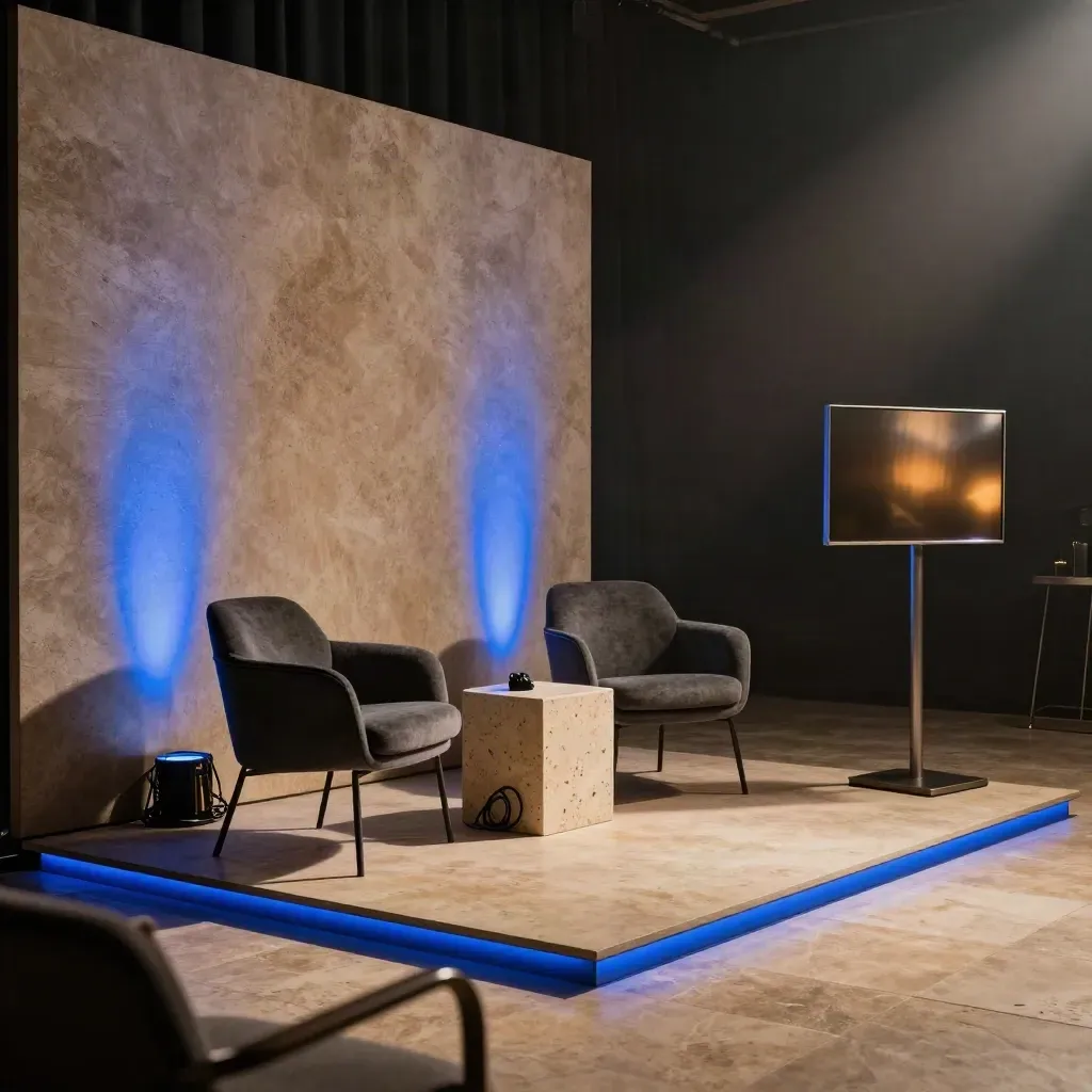 Rincón de evento de agencia vacío con uplights azules, panel acústico y zona de entrevista lista.