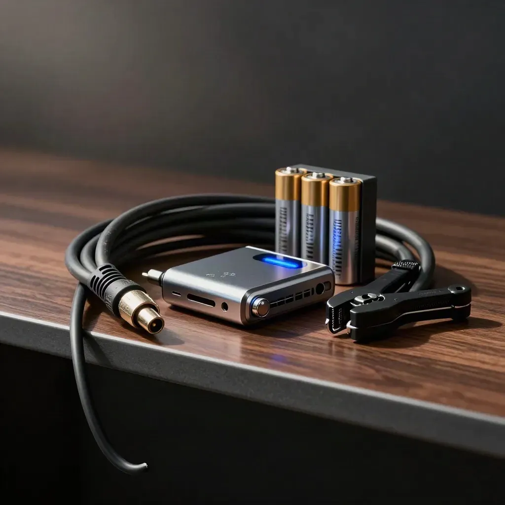 Kit de audio y realización sobre estante oscuro, con cable XLR, receptor y baterías.