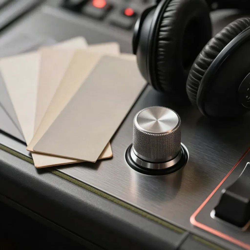 Auriculares, tarjetas de referencia y un mando de aluminio sobre una consola de etalonaje