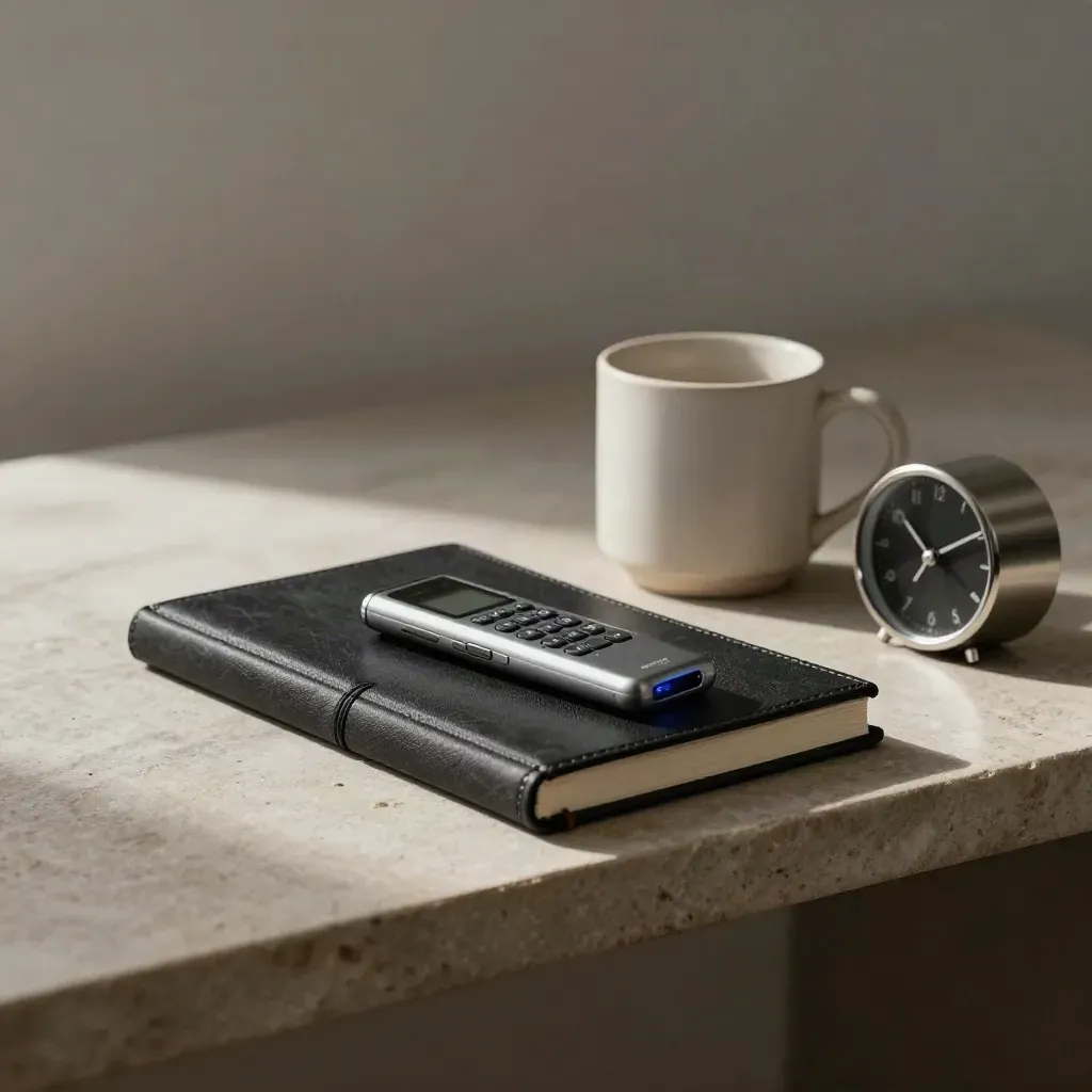 Cuaderno negro, grabadora, taza y reloj sobre piedra, en luz suave matinal.