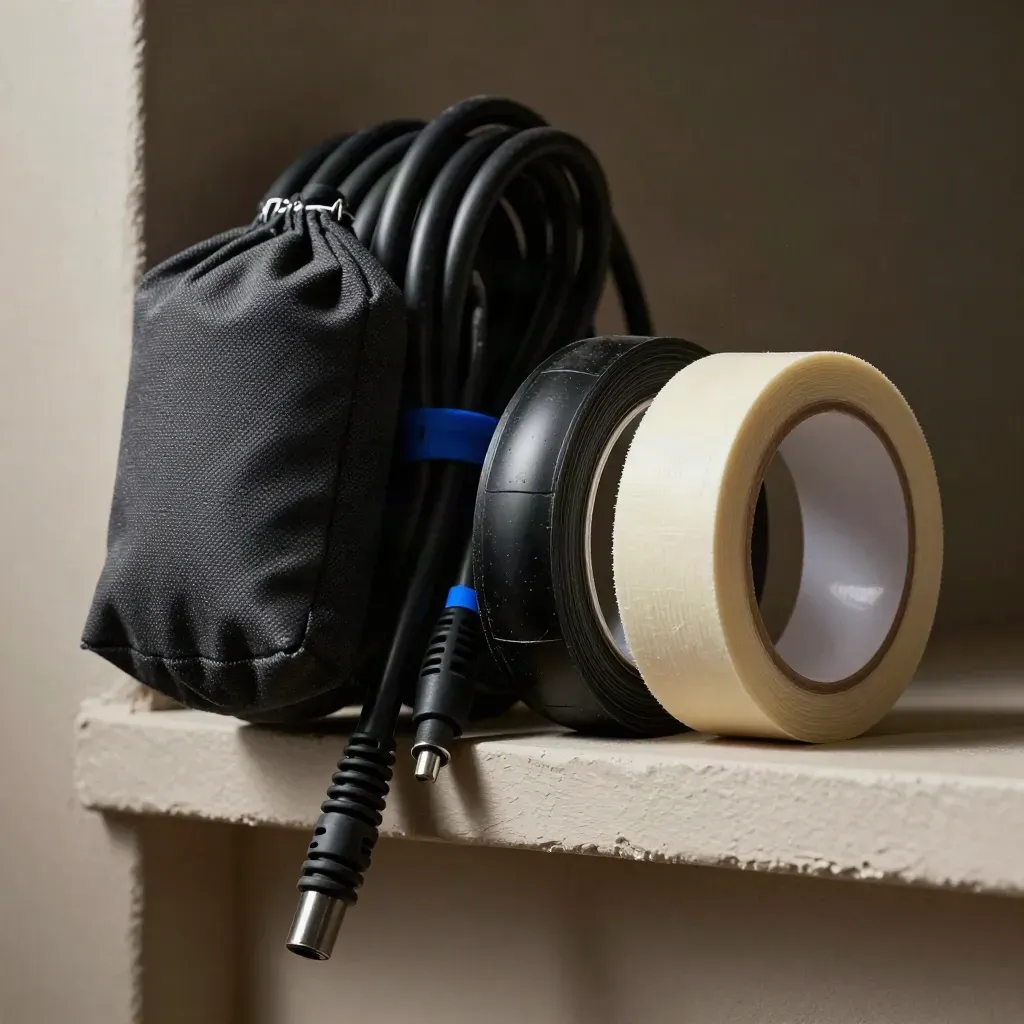 Kit de rodaje con cable, saco de peso, tubo LED y cinta gaffer en una esquina oscura.