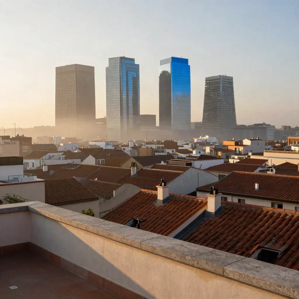 Madrid al amanecer con las Cuatro Torres sobre tejados de terracota y bruma suave