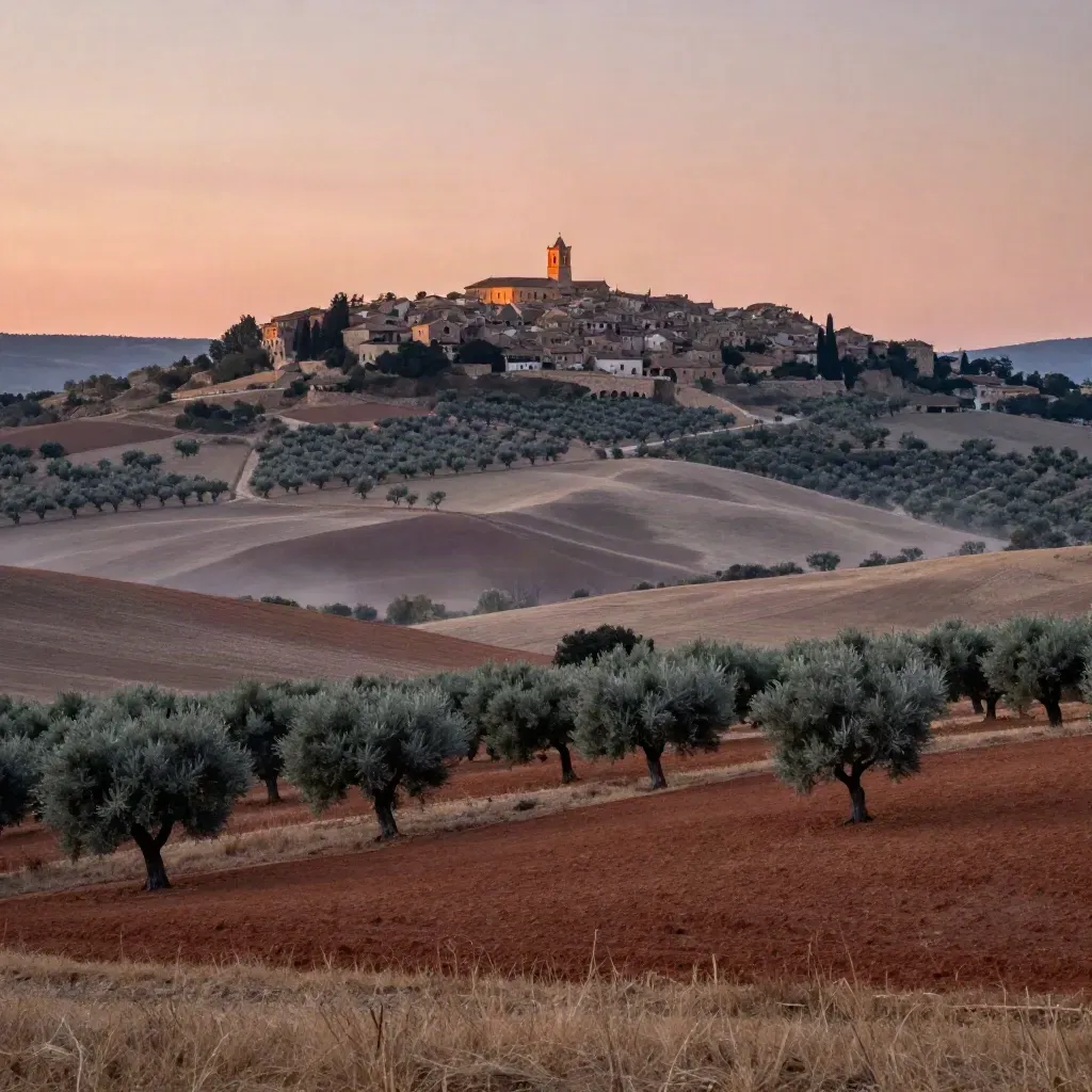 Meseta española al crepúsculo con olivos y un pueblo amurallado bajo una torre de iglesia.