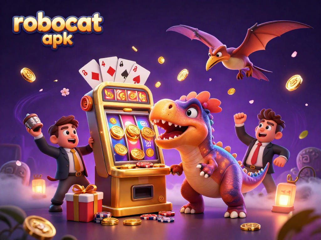 Catch golden coins with robocat apk in this vibrant casino-themed scene filled with excitement.
